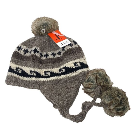 Nepal Wool Hat Brown Knit Ear Flaps with Pompoms Fleece Lined by Sijjl NWT - Picture 8 of 10